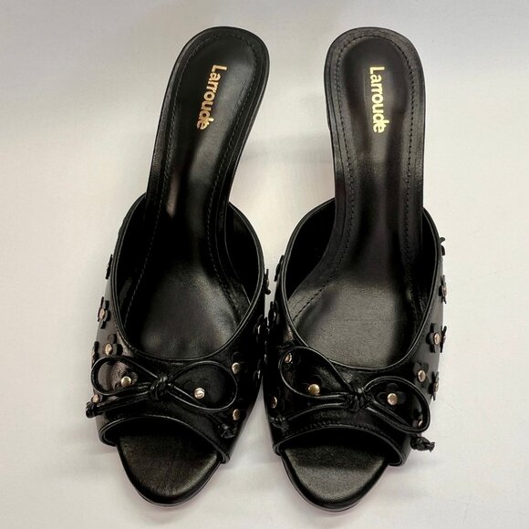 Larroude Jasmine Black Studded Leather Mule Size 8 Peep Toe Heel Slip-On - Picture 6 of 16